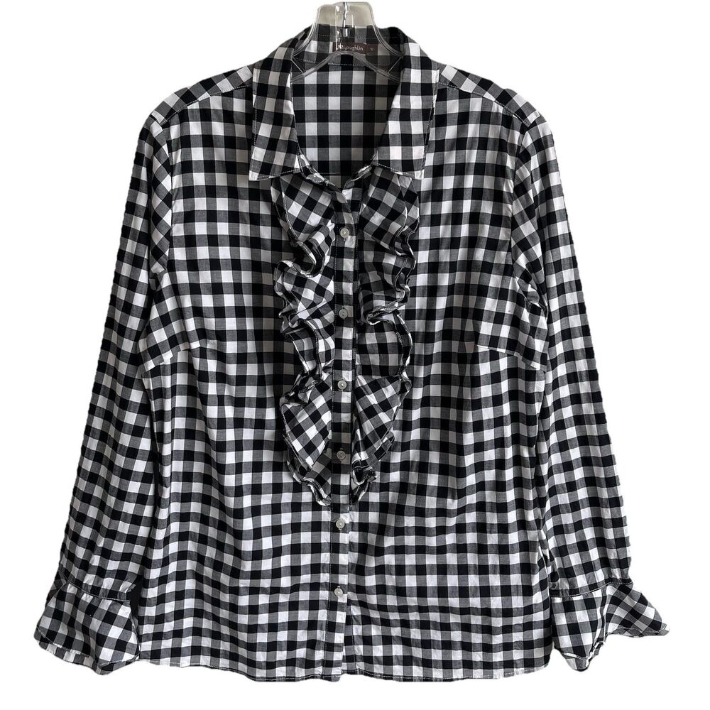 J. McLaughlin Gingham Plaid Button Up Ruffle Shirt L Preppy Dark Romantic Career